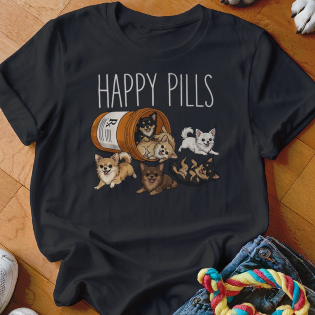T-shirt with cartoon chihuahuas spilling from a pill bottle, saying "Happy Pills".