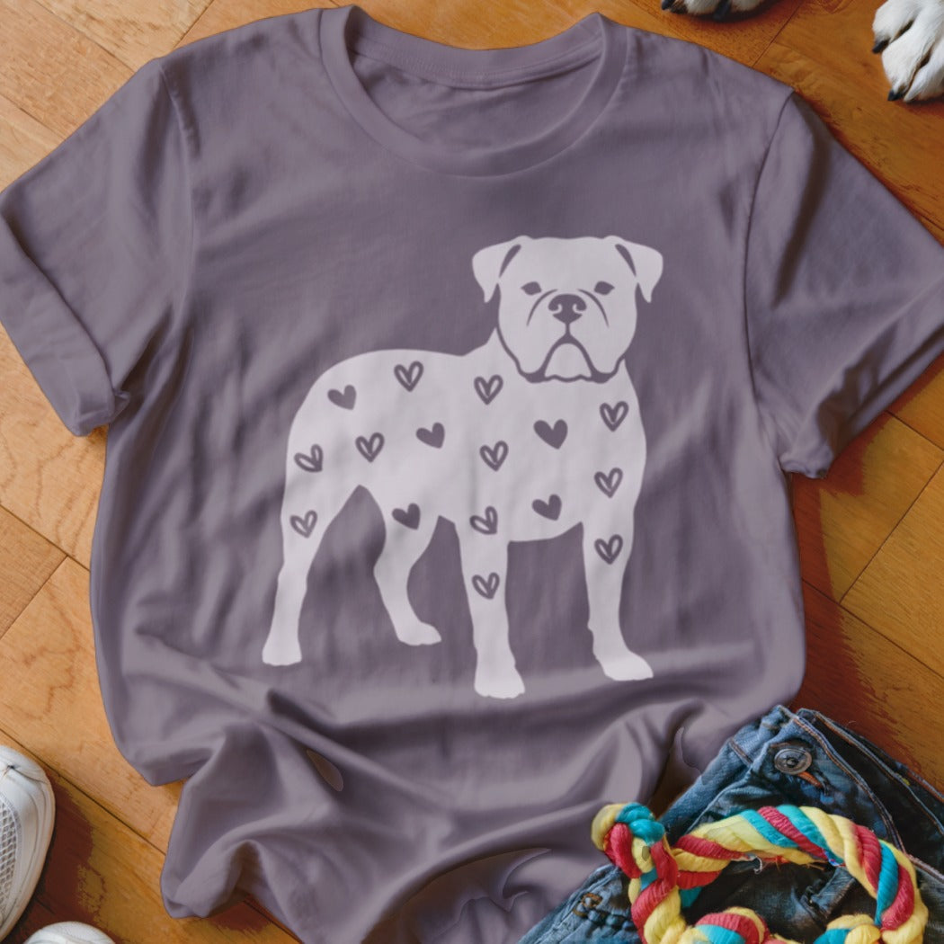 Gray t-shirt with a white bulldog outline filled with small dark hearts.