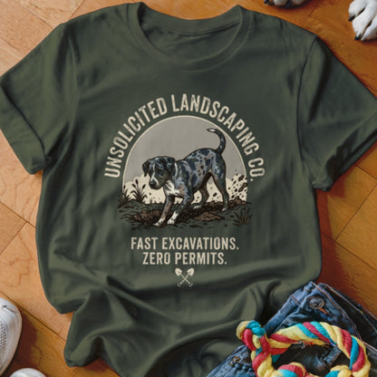 Dog digging in dirt with text "Unsolicited Landscaping Co."