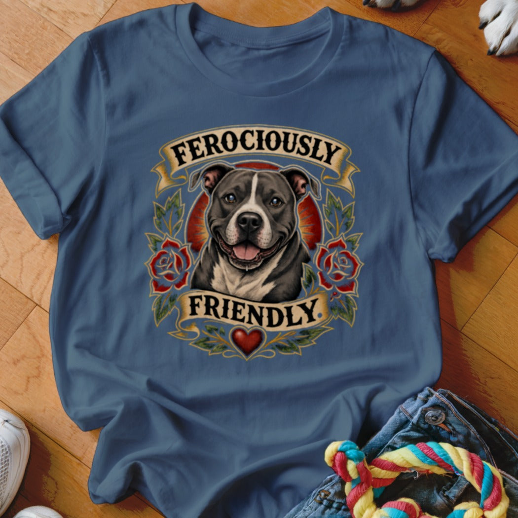 Staffordshire Bull Terrier graphic with text "FEROCIOUSLY FRIENDLY" on a blue t-shirt.