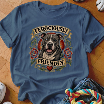 Staffordshire Bull Terrier graphic with text "FEROCIOUSLY FRIENDLY" on a blue t-shirt.