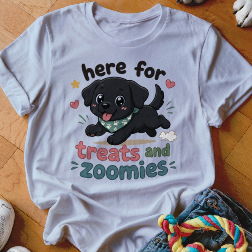White t-shirt graphic with a black puppy saying "here for treats and zoomies".