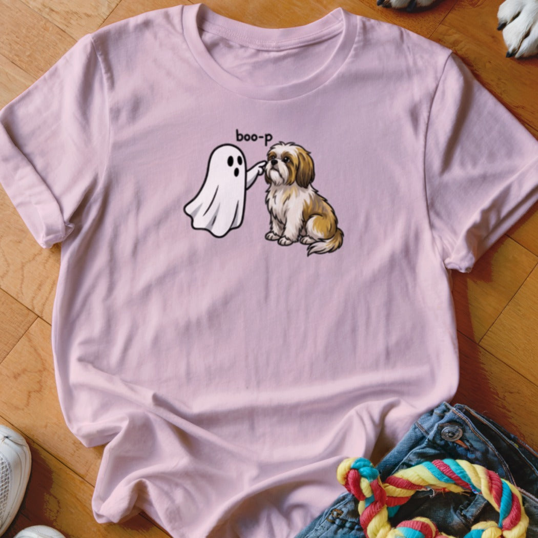 Pink t-shirt with ghost booping a Shih Tzu dog.