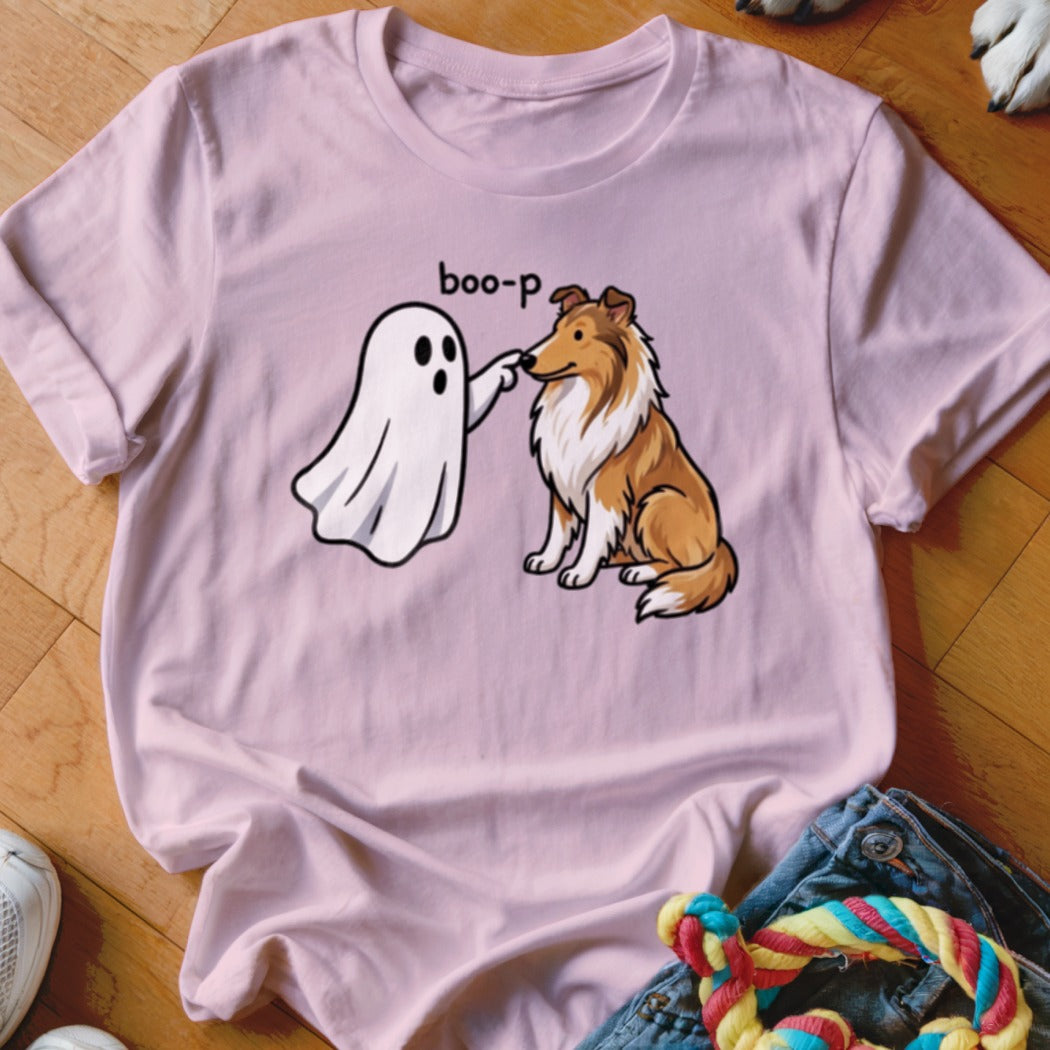 Pink t-shirt with a cartoon ghost booping a dog and text "boo-p".