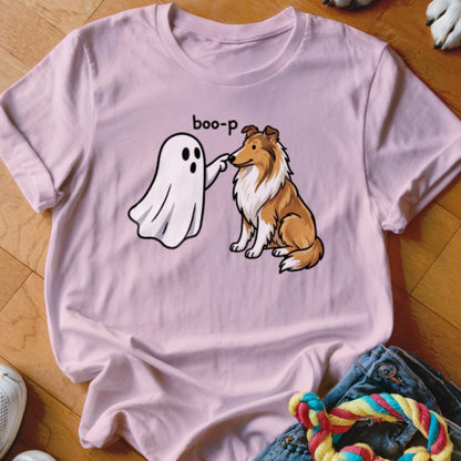 Pink t-shirt with a cartoon ghost booping a dog and text "boo-p".