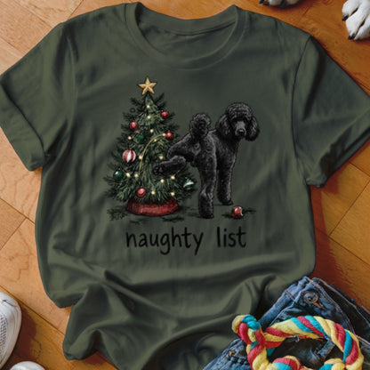 Green t-shirt with a black poodle and Christmas tree graphic that reads "naughty list".