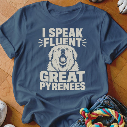 Blue t-shirt with a dog graphic and text "I SPEAK FLUENT GREAT PYRENEES".