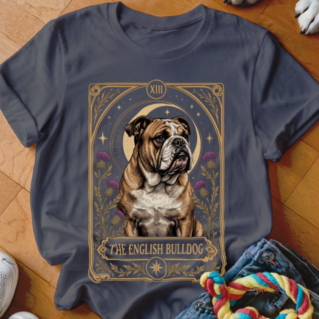 A dark gray t-shirt featuring a tarot card graphic of an English bulldog with thistles.