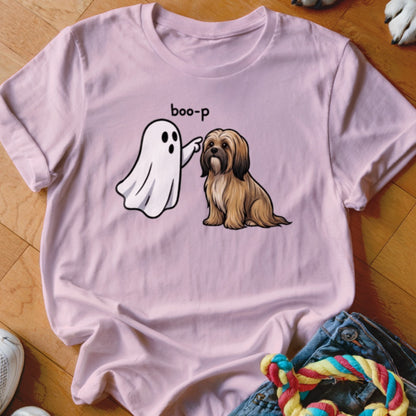 Ghost playfully boops a seated dog with text "boo-p" on a pink t-shirt.
