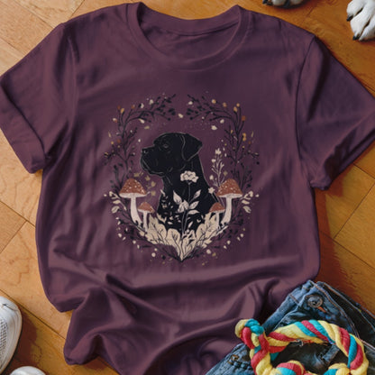Maroon crewneck t-shirt featuring a graphic of a black dog surrounded by mushrooms and leaves.