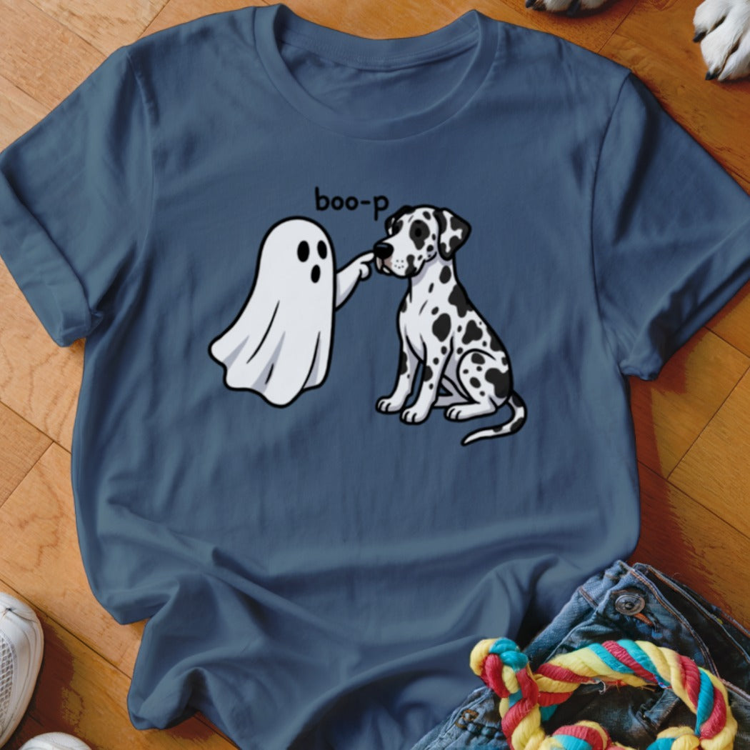 A cartoon ghost boops a Dalmatian dog on the nose with the text "boo-p".