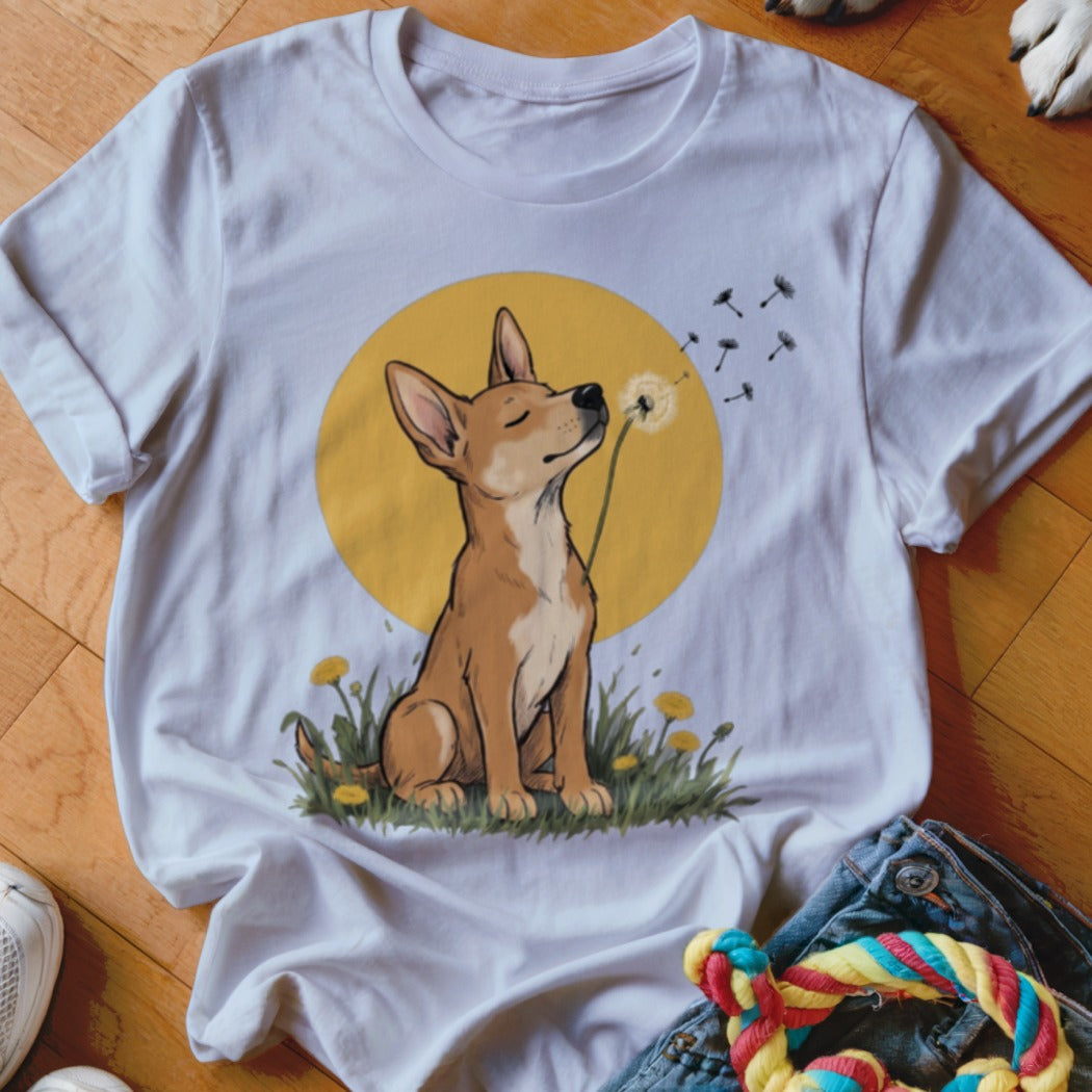 A white t-shirt featuring a cartoon illustration of a dog sniffing a dandelion against a yellow circle.