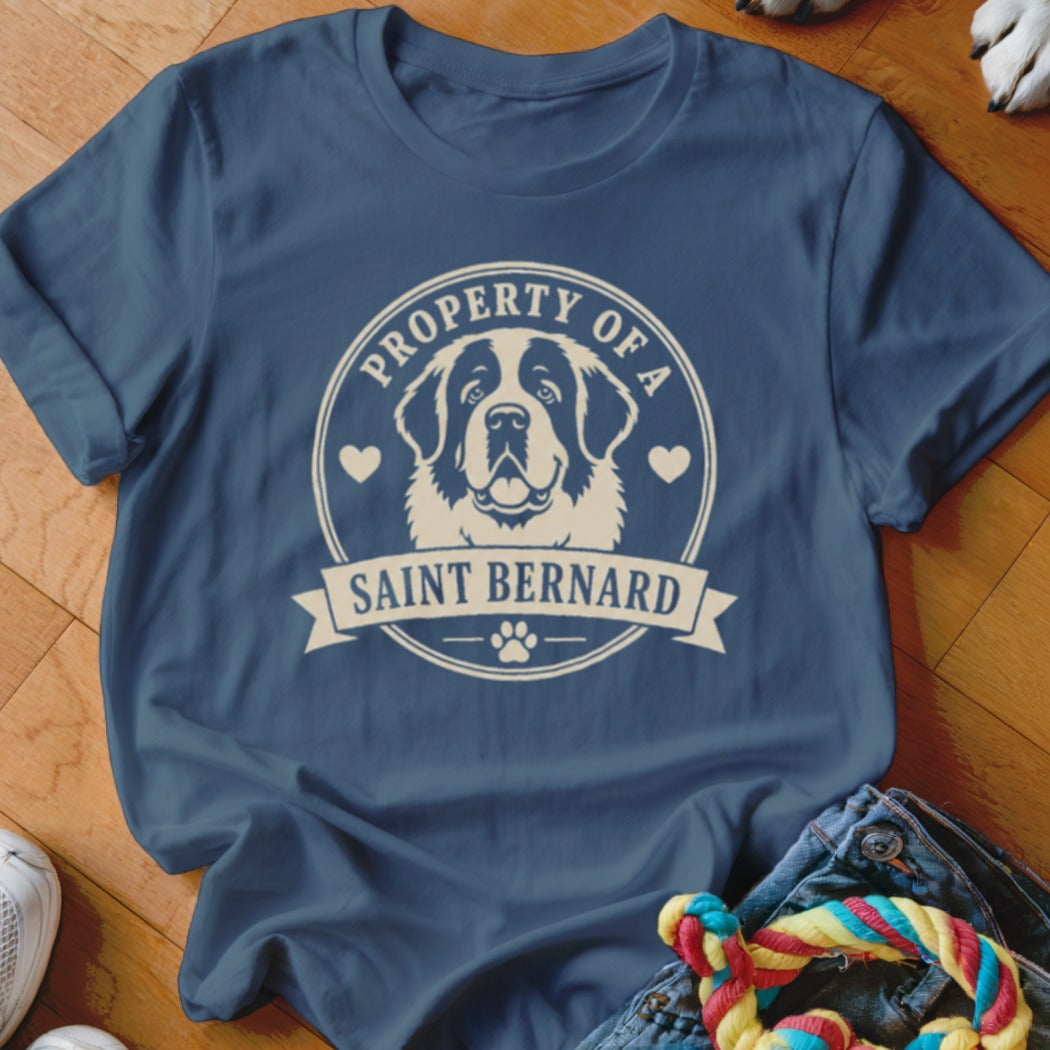 Navy blue t-shirt with "Property of a Saint Bernard" text and dog graphic.
