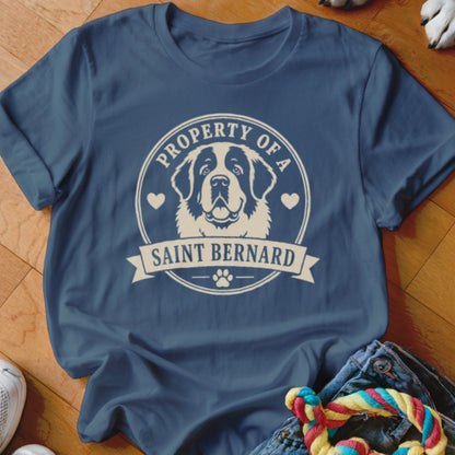 Navy blue t-shirt with "Property of a Saint Bernard" text and dog graphic.