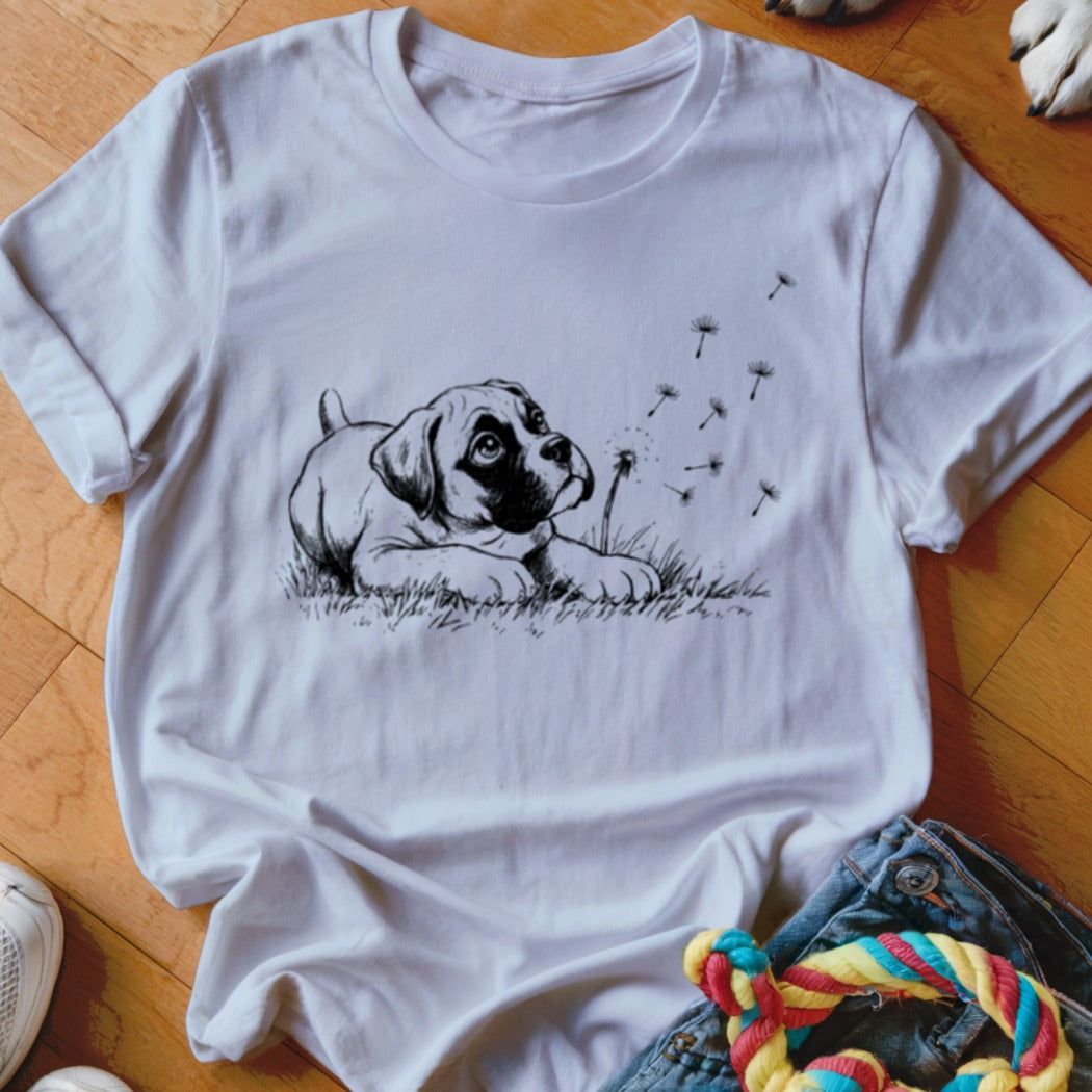 A white crewneck t-shirt featuring a black graphic of a puppy watching dandelion seeds blow in the wind.