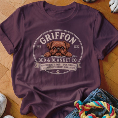 Griffon Bed & Blanket Co. t-shirt with a brown dog and text.