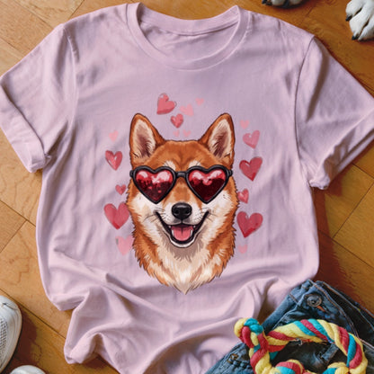 Pink t-shirt featuring a graphic of a Shiba Inu wearing heart-shaped sunglasses surrounded by pink hearts.