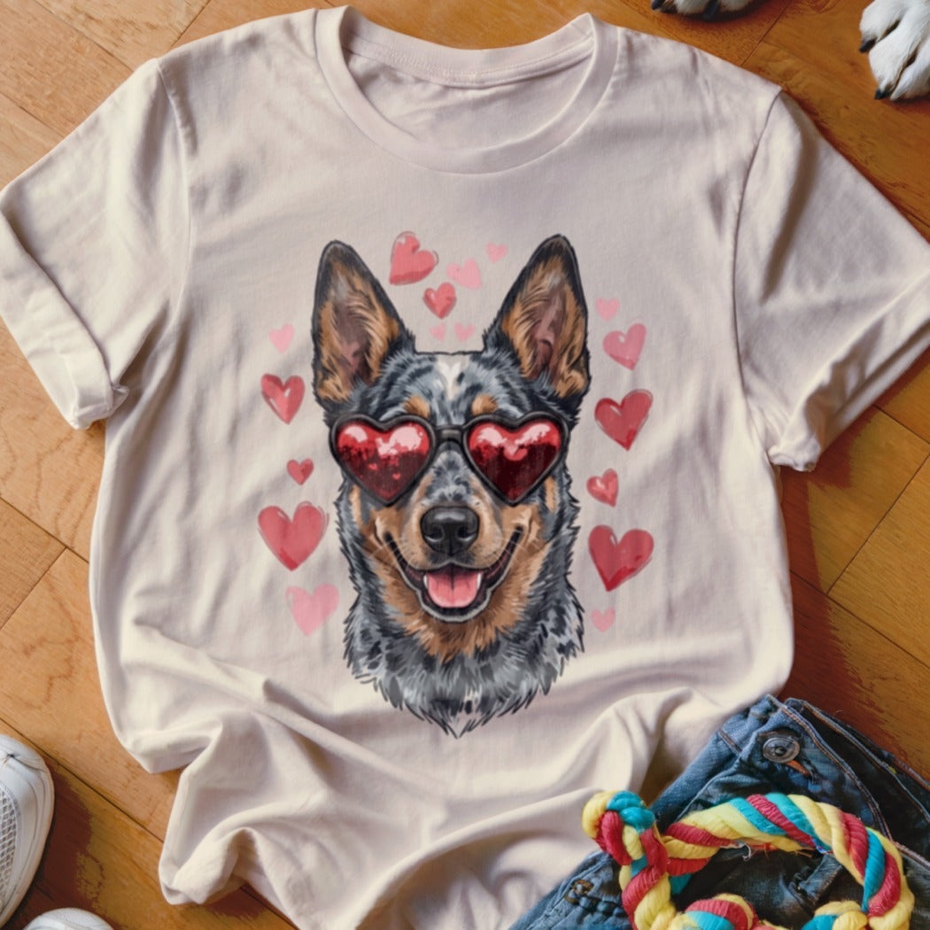 Light beige t-shirt featuring a watercolor graphic of an Australian Cattle Dog wearing heart-shaped sunglasses, surrounded by pink hearts.