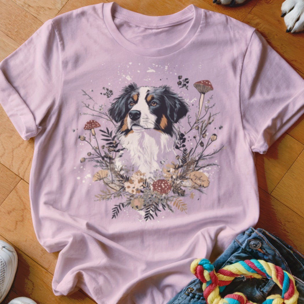 Pink t-shirt with a tri-colored dog surrounded by mushrooms and wildflowers.