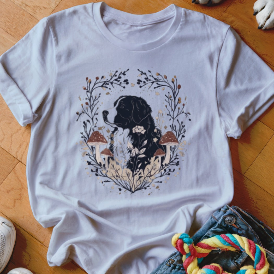 A white short-sleeved t-shirt featuring a graphic of a Bernese Mountain Dog surrounded by mushrooms and branches.