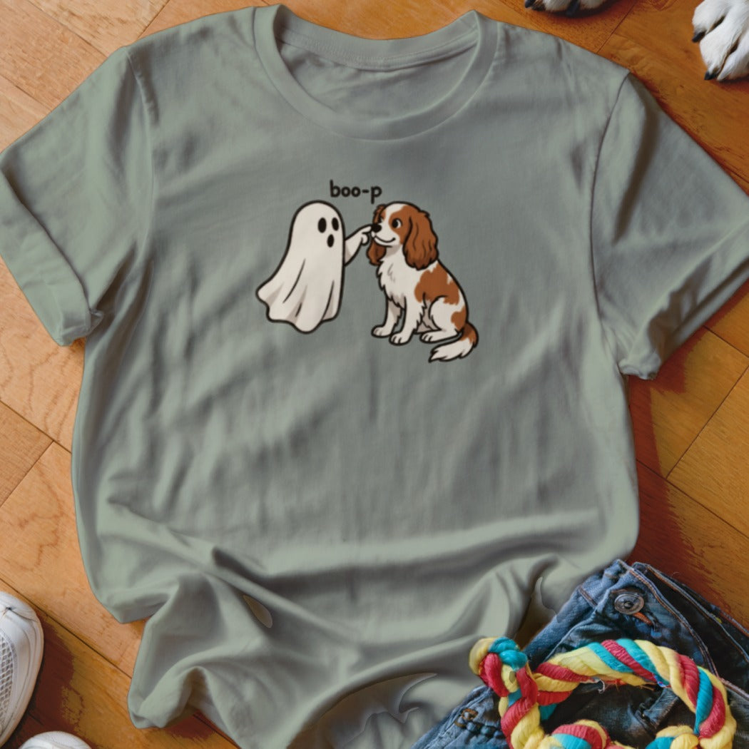 T-shirt graphic of a dog booping a ghost with the word "boo-p".