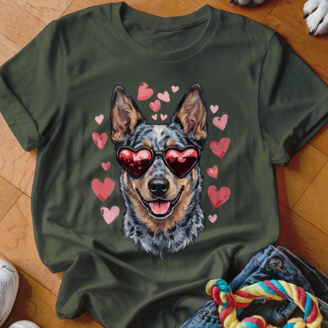 Dark green t-shirt featuring an illustration of an Australian Cattle Dog wearing heart-shaped sunglasses surrounded by pink hearts.