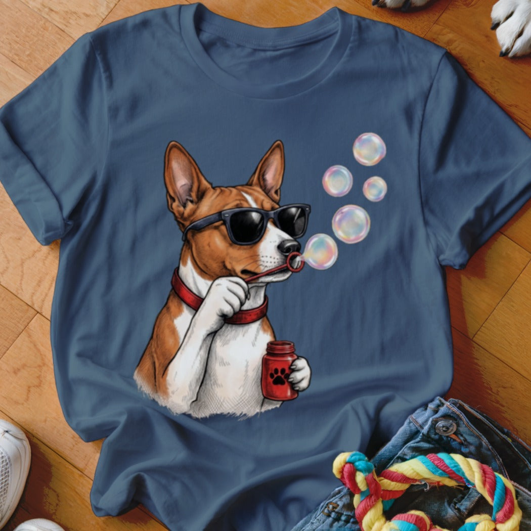 Navy blue t-shirt featuring a graphic of a brown and white dog wearing sunglasses and blowing bubbles.