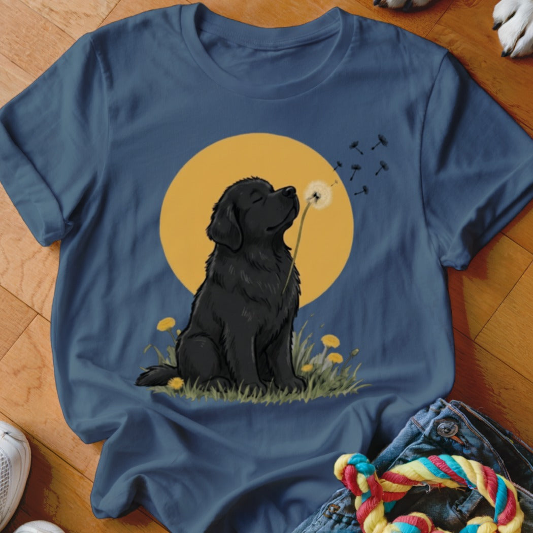 A blue t-shirt featuring an illustration of a black dog blowing dandelion seeds against a yellow sun.