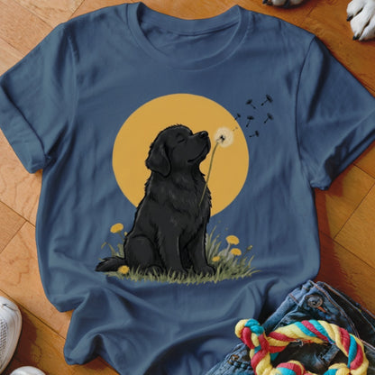 A blue t-shirt featuring an illustration of a black dog blowing dandelion seeds against a yellow sun.