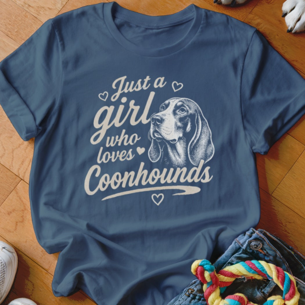 Blue t-shirt with "Just a girl who loves Coonhounds" and a basset hound illustration.