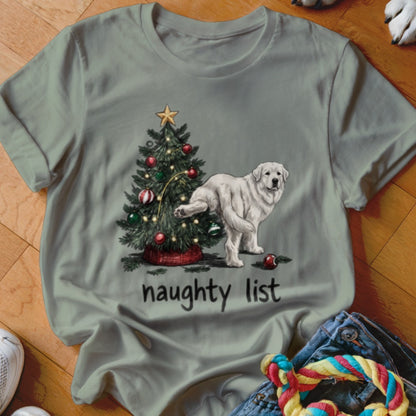 White dog near Christmas tree with ornament, reads "naughty list".