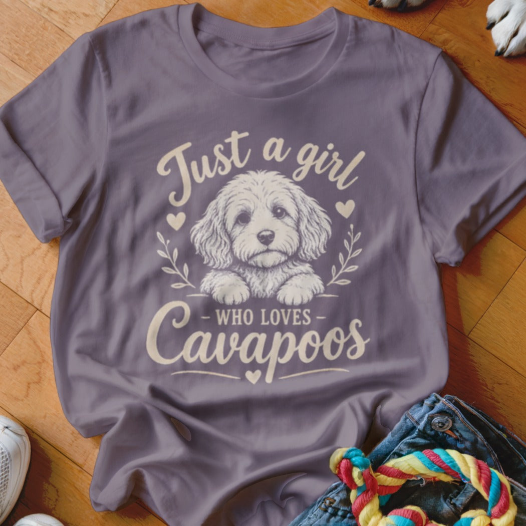 T-shirt with "Just a girl who loves Cavapoos" text and a fluffy dog illustration.