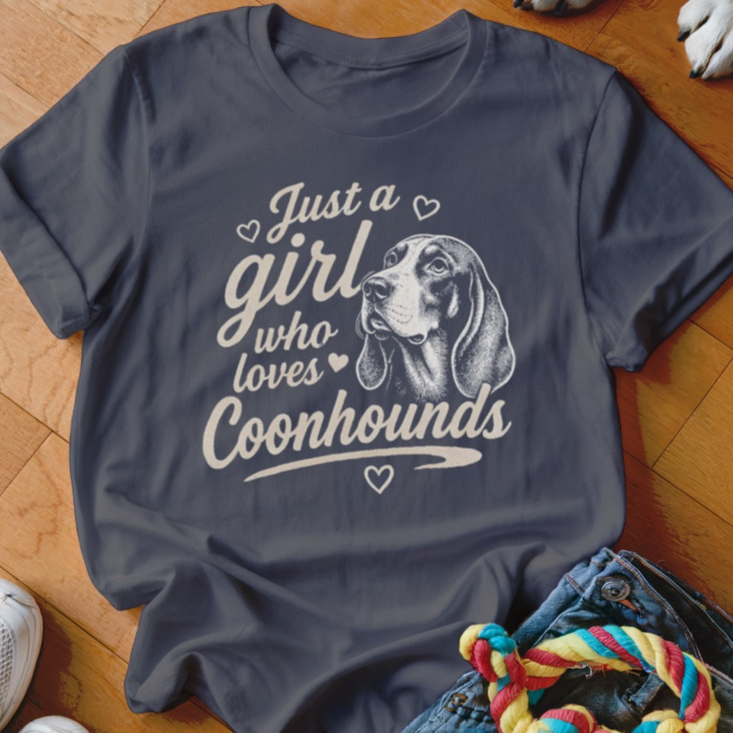 Dark blue t-shirt with "Just a girl who loves Coonhounds" text and a dog portrait.