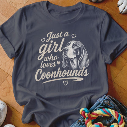 Dark blue t-shirt with "Just a girl who loves Coonhounds" text and a dog portrait.