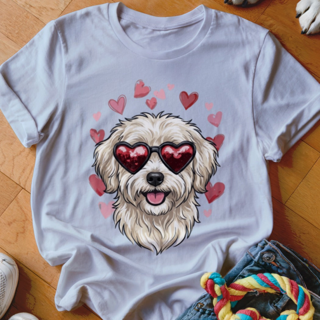 White t-shirt featuring an illustration of a fluffy, light-colored dog wearing heart-shaped sunglasses surrounded by pink hearts.
