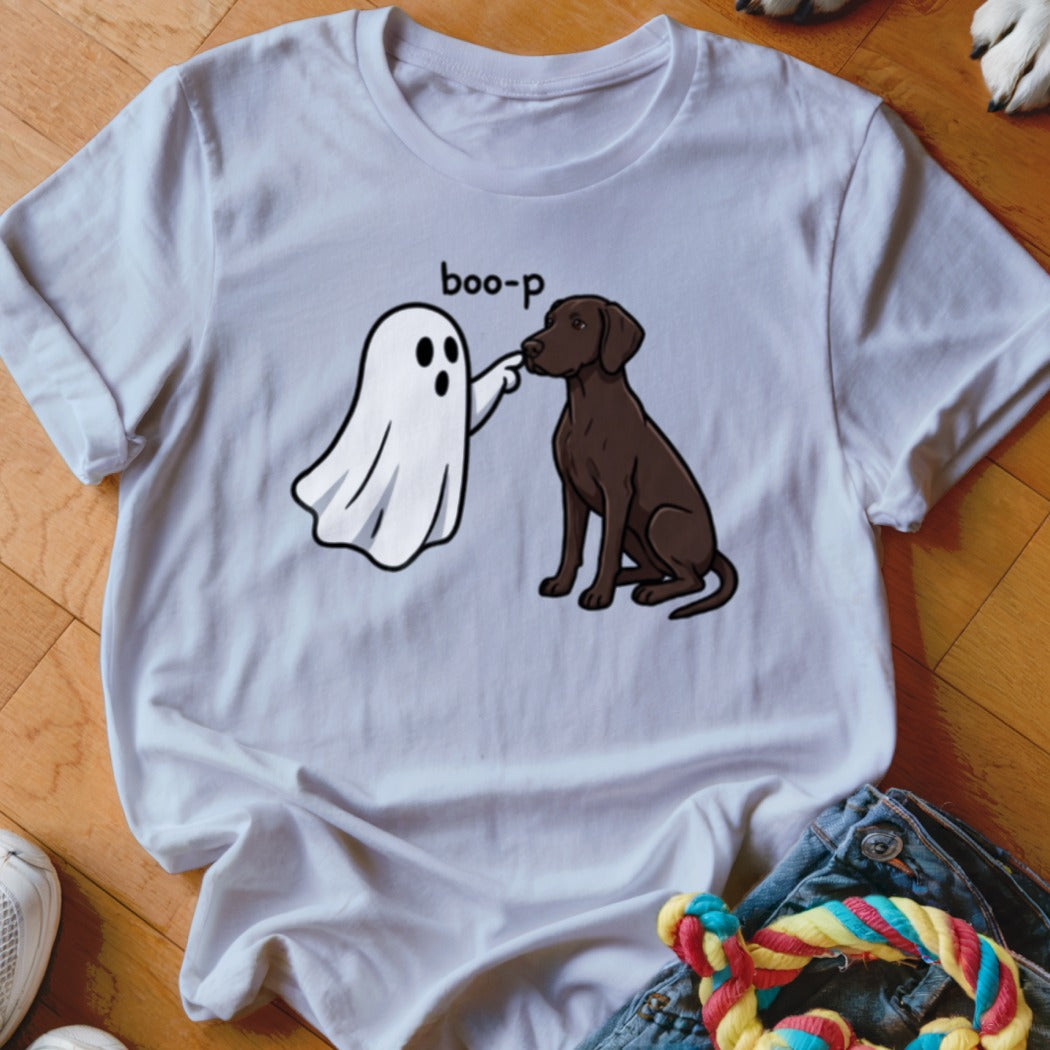 White t-shirt with a cartoon ghost booping a brown dog's nose, text "boo-p".