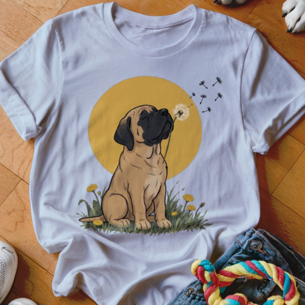 White t-shirt featuring an illustration of a puppy blowing dandelion seeds against a yellow sun.