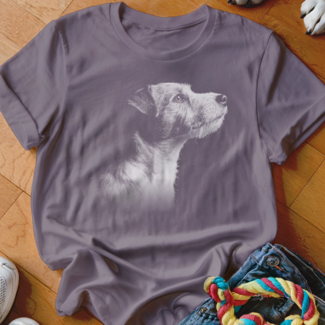 T-shirt with a white line drawing of a dog's head looking right.