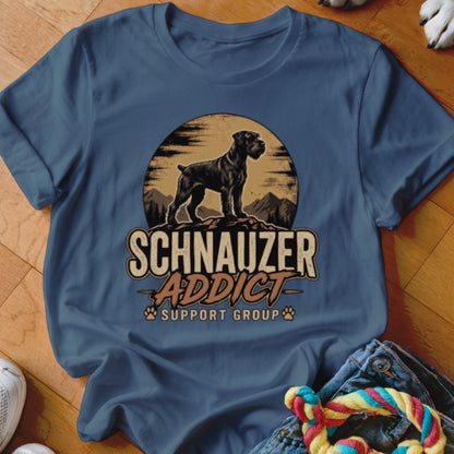 Blue t-shirt featuring a graphic of a Schnauzer and the text Schnauzer Addict Support Group.