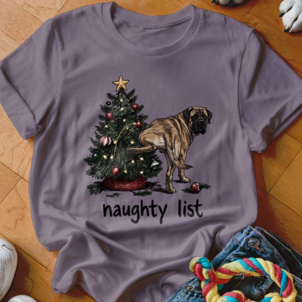 Mastiff dog peeing on Christmas tree with "naughty list" text below.