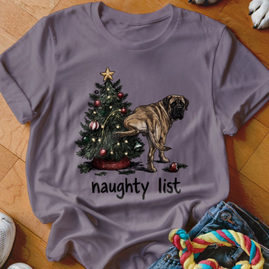 Mastiff dog peeing on Christmas tree with "naughty list" text below.