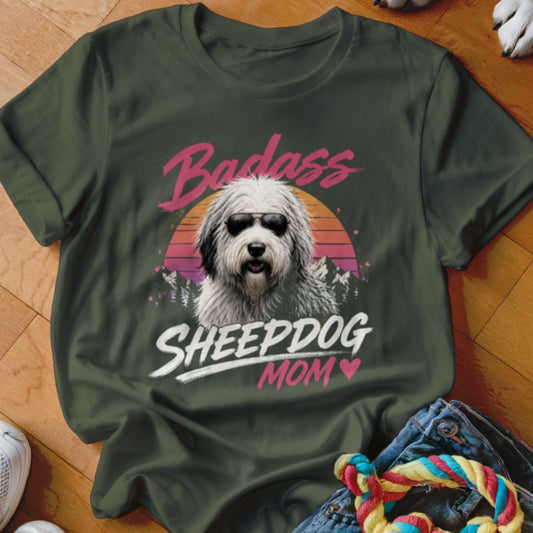 T-shirt graphic with a sheepdog wearing sunglasses and text "Badass Sheepdog Mom."