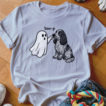 White t-shirt with cartoon of ghost touching dog's nose with text "boo-p".