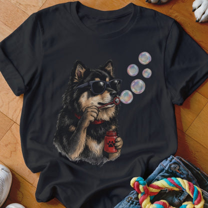 Black crewneck t-shirt featuring a graphic of a dog wearing sunglasses and blowing bubbles.