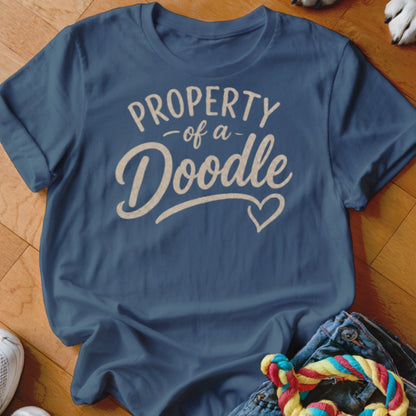 Blue t-shirt with "Property of a Doodle" and a heart graphic.