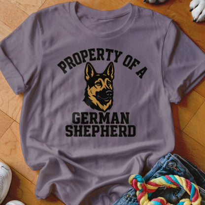 Purple t-shirt with "PROPERTY OF A GERMAN SHEPHERD" and dog graphic.