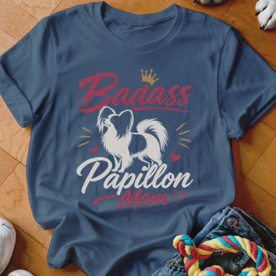 Navy t-shirt with "Badass Papillon Mom" text and a Papillon dog graphic.