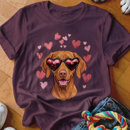 Plum-colored t-shirt featuring a graphic of a brown dog wearing heart-shaped sunglasses surrounded by pink hearts.