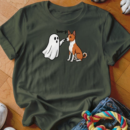 Ghost boops a sitting basenji dog with "boo-p" text.