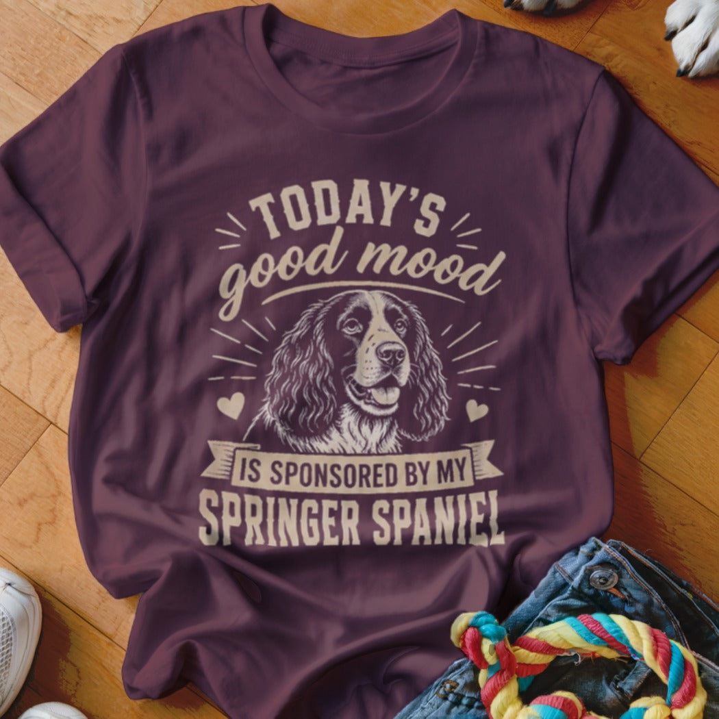 Maroon t-shirt with Springer Spaniel graphic and text "Today's good mood is sponsored by my Springer Spaniel."
